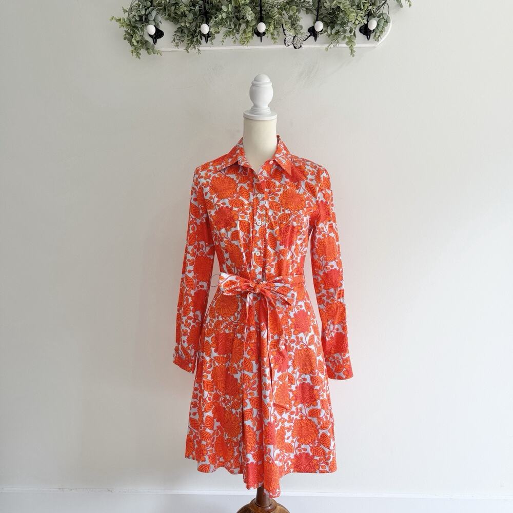 Boden Orange Floral Button Down Belted Shirt Dress Size 6 MM5829 long sleeve